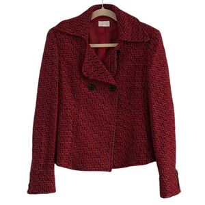 Oltre Red Plaid Lined Wool Blend Double Breasted Blazer Size 8